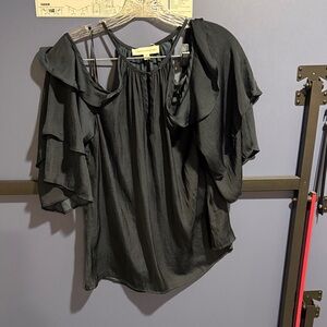 Catherine Malandrino dark navy silk cold shoulder Ruffle Blouse